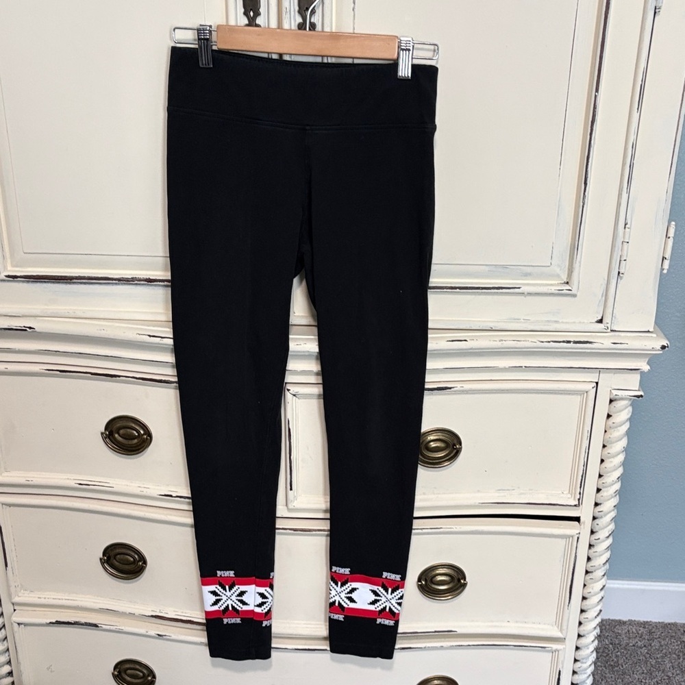 PINK Victoria's Secret Black Leggings with Red & White Cuff Detail